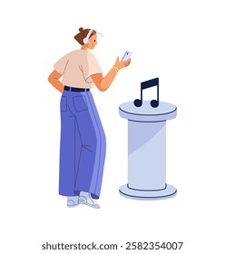 Young woman with mobile phone listens to music with headphones. Girl with headset enjoys with audio by smartphone. Concept of online streaming service. Flat isolated vector illustration on white