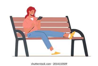 Young Woman with Mobile Phone. Smiling Female Character Holding Cellphone Sitting on Bench Communicating in Social Media Networks, Giving Likes and Comments in Account. Cartoon Vector Illustration