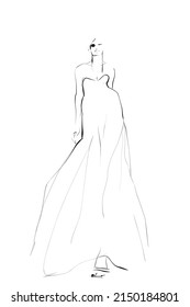 Young woman model in evening dress. Fashion illustration, sketch. Vector