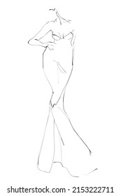 Young woman model in evening dress. Fashion illustration, sketch. Vector