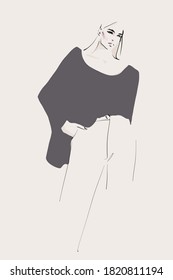 Young woman, model. Hand-drawn fashion illustration. Vector