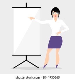 Young woman in modern clothes with office element equipments. Design element for poster, banner or concept brochure. Abstract image in a flat design. Vector illustration isolated on light background