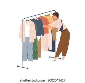 Young woman in modern clothes shopping and looking for fashion outfit. Female choosing from trendy stylish garments, hanging on hanger rack. Flat vector illustration isolated on white background