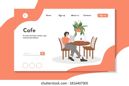 Young woman in modern clothes sitting at cafe or restaurant vector flat cartoon landing page design. Modern street restaurant or cafe with plants and furniture.