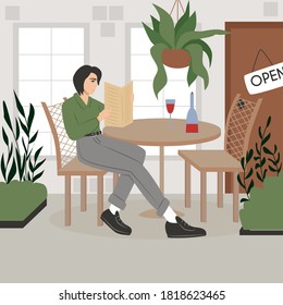 Young woman in modern clothes sitting at cafe or restaurant summer terrace vector flat cartoon illustration. Modern street restaurant or cafe terrace with plants and furniture.