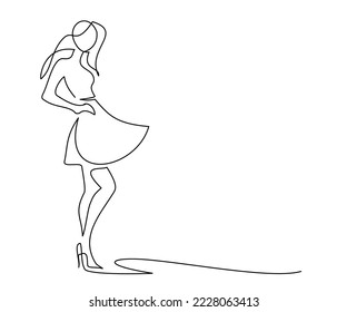 Young woman in modern dress. Fashion logo. Continuous one line drawing. Vector illustration