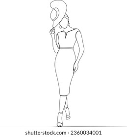 Young woman in modern dress. Fashion logo. Continuous one line drawing. Vector illustration