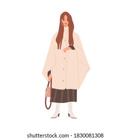 Young woman in modern fashionable clothes, seasonal urban outerwear. Beautiful stylish long haired female character in trendy poncho coat, skirt, boots. Flat vector cartoon illustration on white