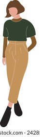 Young woman in modern fashionable clothes in trendy casual style. Stylish girl in a T-shirt with a sweater and cargo pants on top.Flat graphic vector illustration on a white background