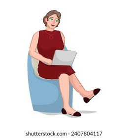 Young woman with modern laptop sitting in armchair on white back