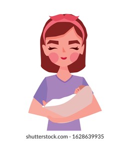 young woman mom with baby between arms and hair band. vector illustration
