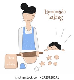 Young woman mom cooks homemade cookies with a little child