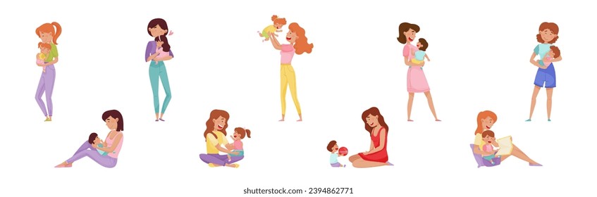 Young Woman Mom with Her Little Baby and Toddler Vector Set