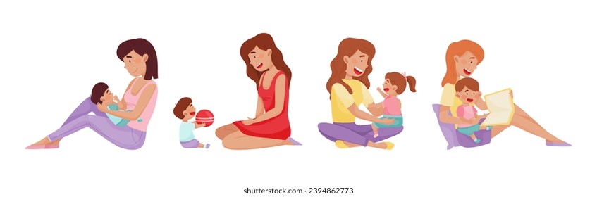 Young Woman Mom with Her Little Baby and Toddler Vector Set