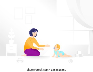 Young woman, mom or nanny, sitting on the floor in kids room near little baby who doing the first try to crawl. Motherhood, parenting and childhood concept. Vector illustration in flat style