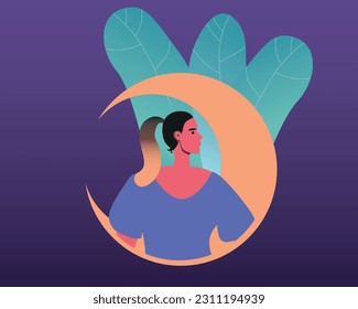 Young woman with moon and leaves as a symbol of a good night, flat vector stock illustration