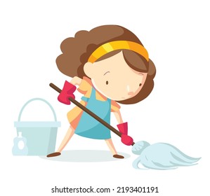 Young woman with a mop washes the floor in gloves. The girl helps to clean the house. Home hygiene vector illustration with housewife