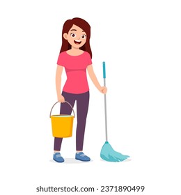 young woman mopping dirty floor and feel happy