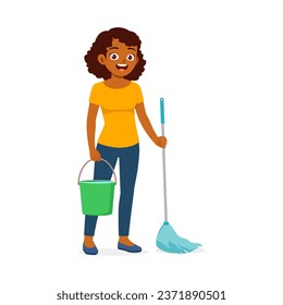 young woman mopping dirty floor and feel happy
