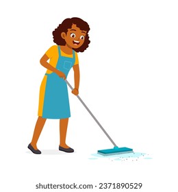 young woman mopping dirty floor and feel happy