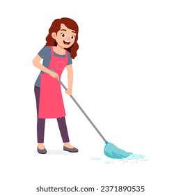 young woman mopping dirty floor and feel happy