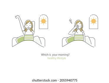 young woman in the morning, good and bad feeling