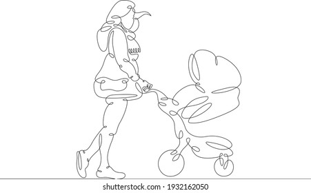 Young woman mother with baby carriage on a walk with toddler. One continuous drawing line  logo single hand drawn art doodle isolated minimal illustration.