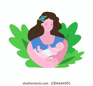   Young woman, mother with a baby in her arms. Infant, maternity, newborn, Breastfeeding Day. Children's Day. Vector illustration on isolated background.