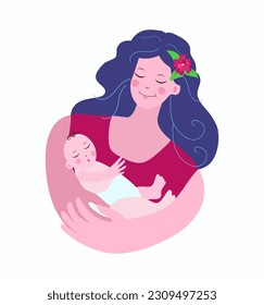   Young woman, mother with a baby in her arms. Infant, maternity, newborn, Breastfeeding Day. Children's Day. Vector illustration on isolated background.