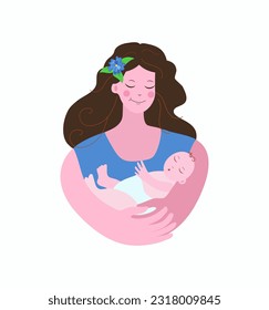   Young woman, mother with a baby in her arms. Infant, maternity, newborn, Breastfeeding Day. Children's Day. Vector illustration on isolated background.