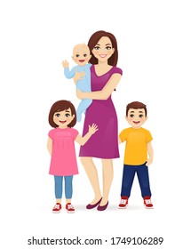 Young woman mother and her kids daughter, son and newborn baby standing vector illustration isolated