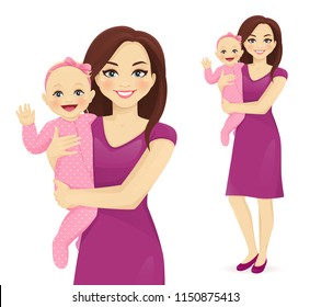 Young woman mother holding her newborn baby vector illustration isolated