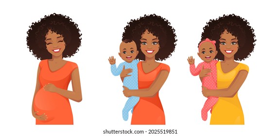 Young woman mother holding her newborn baby son and daughter. Pregnant woman vector illustration isolated