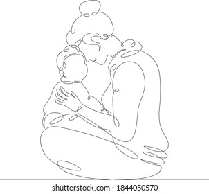 Young woman mother spends time, plays with little child son, hugs. One continuous drawing line, logo single hand drawn art doodle isolated minimal illustration.