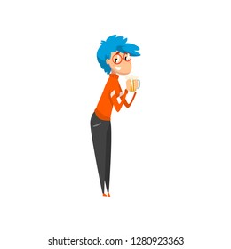 Young woman with mug of beer in her hands, funny girl character drinking alcohol vector Illustration