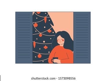 A young woman with a mug in her hands looks out the window on New year's eve. Cute girl is sitting by the window near christmas tree drinking coffee. Vector illustration