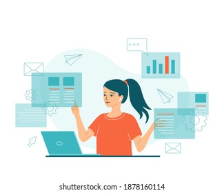 Una joven multitarea. Concepto abstracto de plazo de trabajo activo, búsqueda de información en internet. Administrador de contenido de Office, trabajador independiente. Ilustración vectorial aislada