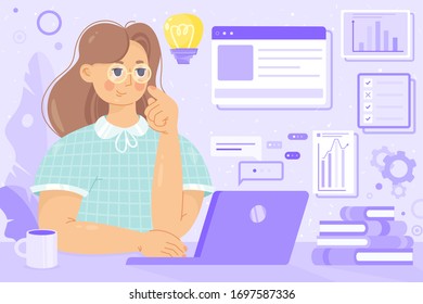 Young woman multitasking concept. Content manager working online at the computer,laptop.Freelance worker busy with email marketing analysis.Time management.Home office. Creative business illustration
