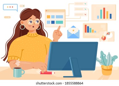 Young woman multitasking concept. Content manager working online at the computer,laptop.Freelance worker busy with email, marketing analysis.Time management.Home office. Creative business illustration
