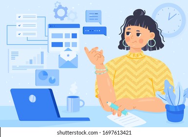 Young woman multitasking concept.sitting at table with laptop. vector business illustration, girl designer freelancer working online. SEO promotion. busy with marketing analysis.