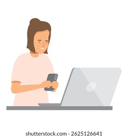Young woman is multitasking, using her laptop and smartphone at the same time