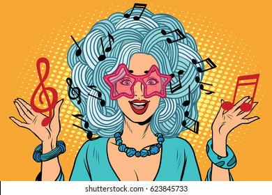 Young woman music notes instead of hairstyles. Pop art retro vector illustration. creativity and artistry