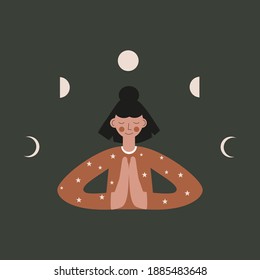 Young woman in namaste pose. Being grateful concept with Moon phases. Mental health awareness. Being in balance and harmony