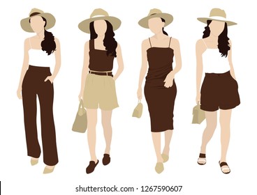 A young woman in natural brown shade casual outfit. Wearing Panama hat. Look glamour, attractive and charming for chill out. Vector of woman standing pose set in white background.