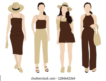 A young woman in natural brown shade casual outfit. Wearing Panama hat. Look glamour, attractive and charming for chill out. Vector of woman standing pose set in white background. - Vector