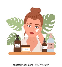 Young woman with a natural cosmetics products in bottles and jars for skin care and tropical leaves. Skincare, treatment, relaxation, home spa. Skincare routine. Vector illustration.