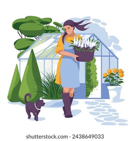 Young woman near the greenhouse. Spring and summer gardening concept. vector flat illustration