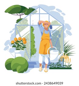 Young woman near the greenhouse. Spring and summer gardening concept. vector flat illustration