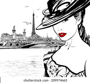 Junge Frau in der Nähe der Seine in Paris mit Eiffelturm im Hintergrund - Vektorgrafik