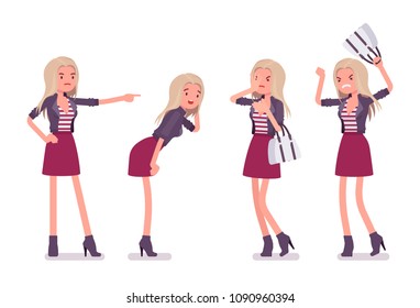 Young woman negative emotions. Millennial girl, attractive blonde lady with bag wearing trendy jacket, above knee skirt, heeled ankle boots, youth urban fashion. Vector flat style cartoon illustration